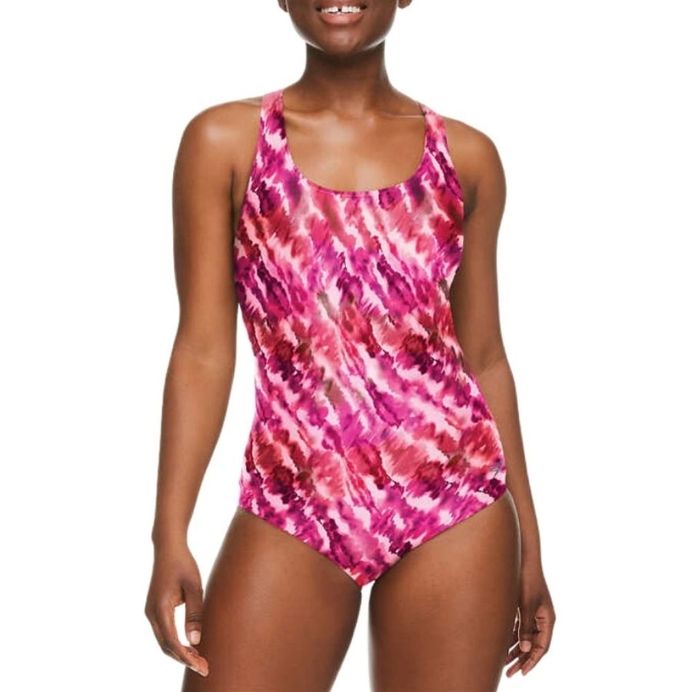 Speedo One Piece Swimsuit Pink Sporty Racerback Tie Dye Abstract Size 16 UPF 50+